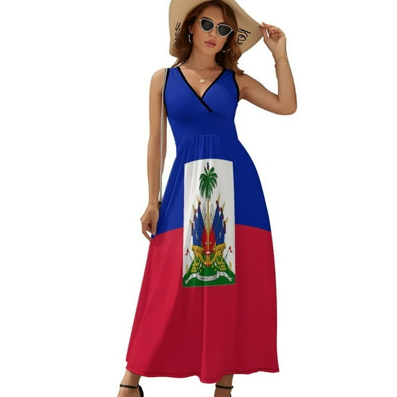 Haiti Flag Dress Summer Street Style Bohemia Long Dresses Female Sleeveless Printed Maxi Dress