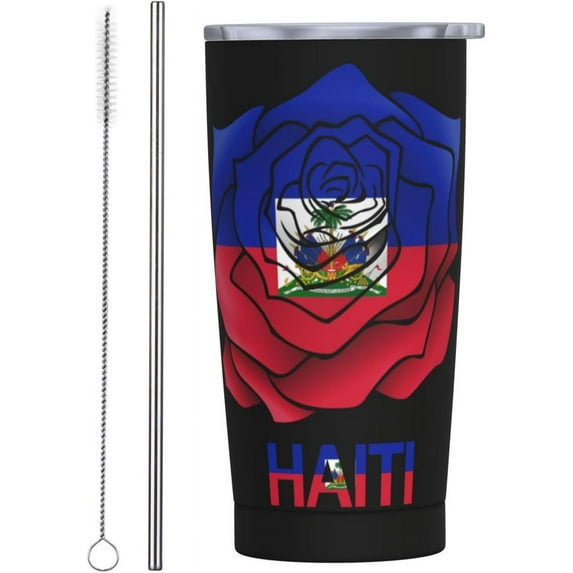 Haiti Flag with Roses Pattern 20oz Stainless Steel Tumbler with Lid and Straw, Double Wall Vacuum Insulated Coffee Cup Travel Mug for Hot and Cold Drinks