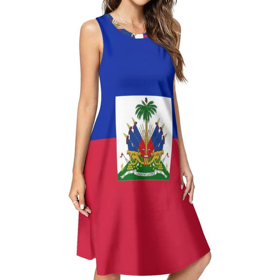 Haiti Flag Spring Summer Dresses for Women Fashion T-shirt Dress Casual Sleeveless Loose Sundress with Pockets