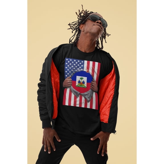 Haiti Flag + USA Flag Pride T-shirt | Haitian + American Flag Rip 4th Of July | Funny Viral Latino Tees | Unisex - 4 Colors