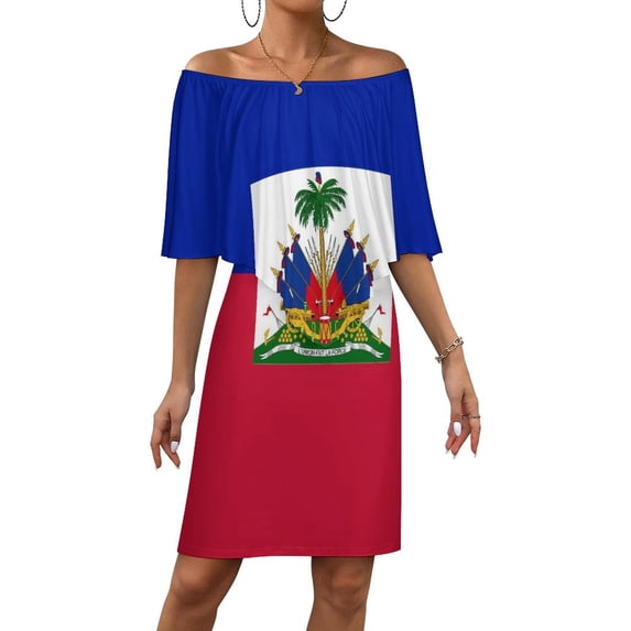 Haiti Flag Women's Off The Shoulder Ruffles Summer Wedding Guest Loose Casual Party Beach Dress