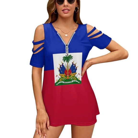 Haiti Flag Womens Summer V Neck Zipper Top Short Sleeve T Shirt Off Shoulder Top Casual Classy Loose Shirts