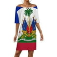 thumbnail image 1 of Haiti Haitian Flag Coat of Arms Red Women's Off The Shoulder Ruffles Summer Wedding Guest Loose Casual Party Beach Dress, 1 of 9