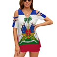 thumbnail image 1 of Haiti Haitian Flag Coat of Arms Red Womens Summer V Neck Zipper Top Short Sleeve T Shirt Off Shoulder Top Casual Classy Loose Shirts, 1 of 7