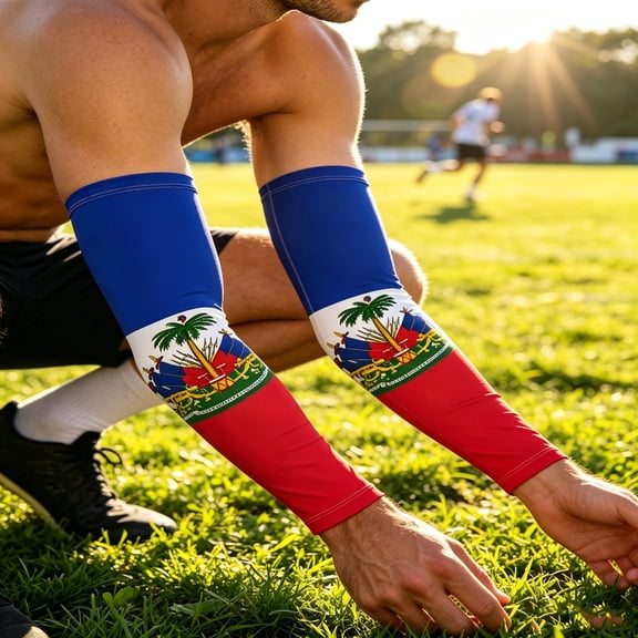 Haiti National Flag Printed UPF50+ Sports Arm Sleeves, 19.3" Long Stretch Breathable Cooling Sun Arm Guards, Quick Dry UV Protection Arm Covers for Running Cycling Driving Soccer Outdoor Sports
