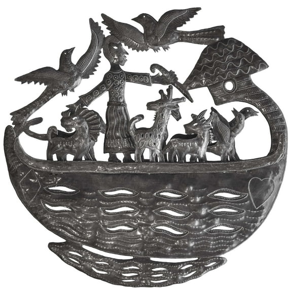 Haitian Recycled Steel Oil Drum, Metal Hanging Wall Art, 24" Noah's Ark