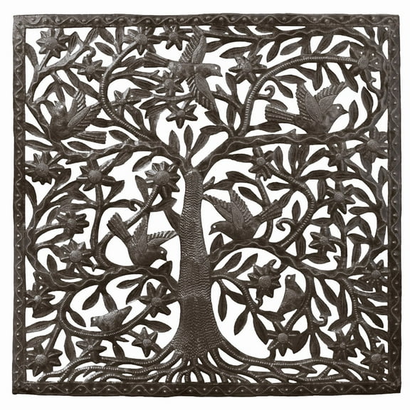 Haitian Recycled Steel Oil Drum, Metal Hanging Wall Art, 34" Square Tree of Life