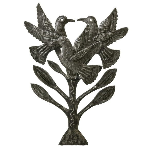 Haitian Recycled Steel Oil Drum, Metal Hanging Wall Art, 6.5" x 9" 3D Birds in Tree