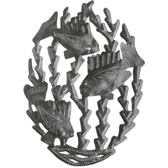 Haitian Recycled Steel Oil Drum, Metal Hanging Wall Art, 8" x 10" Fish Oval