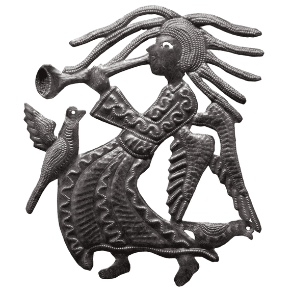 Haitian Recycled Steel Oil Drum, Metal Hanging Wall Art, 9.5" x 10.5" Angel with Trumpet