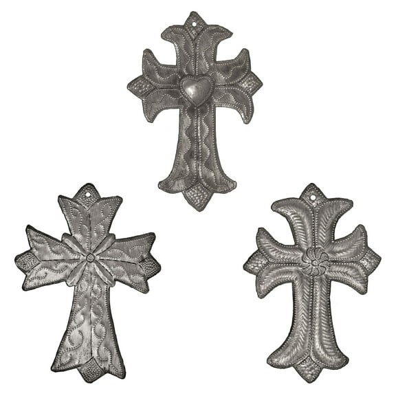 Haitian Recycled Steel Oil Drum, Metal Hanging Wall Art, Set of 3 - 4" x 6" Crosses