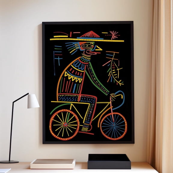 Haitian Voodoo Folk Modern Man On Bicycle Colorful Line Minimalist Riding Dark Boho Decor, Unframed Canvas