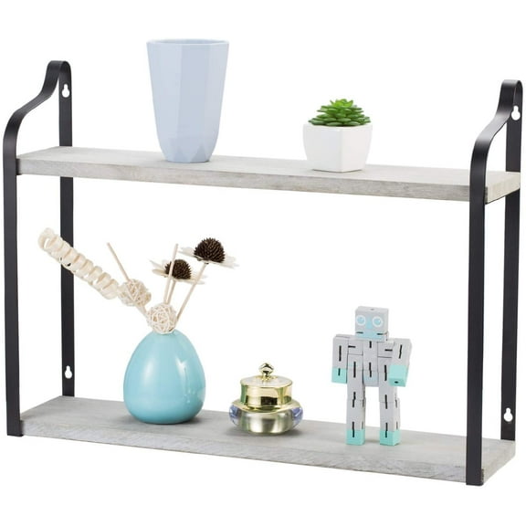Haitral 2-Tier Floating Wall Mounted Shelves Rustic Wood Storage Hanging Shelf Wall Décor Gray
