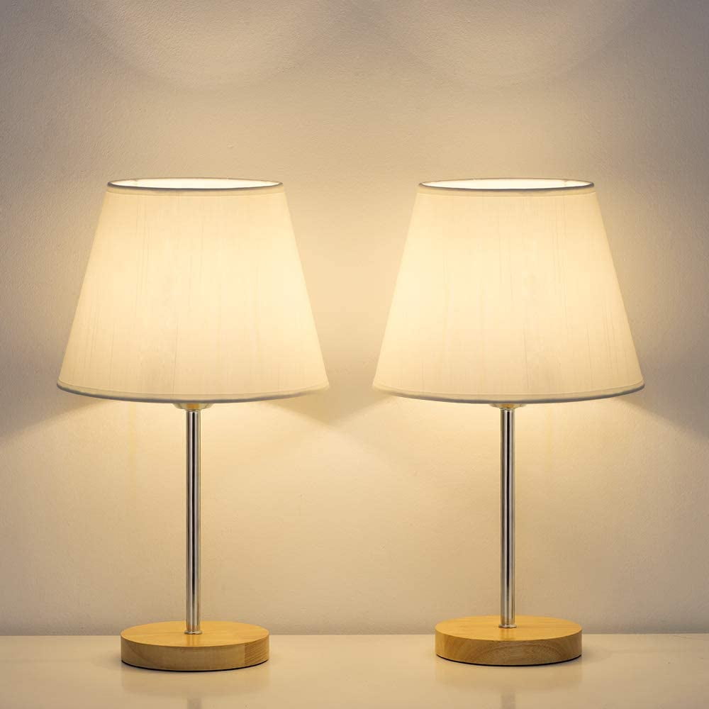 Haitral 4.7" 2-Lights Bedside Lamp Sets with Wooden Base Fabric Shade, Silver, 2-Pieces