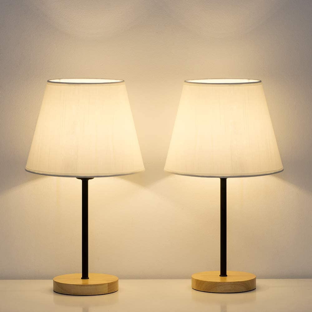 Haitral Black Bedside Lamp with Wood Base Fabric Shade Set of 2