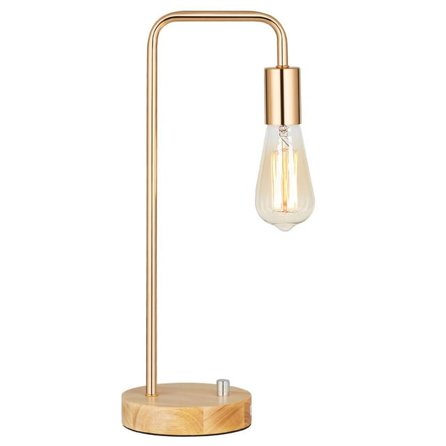 Haitral Gold Industrial Desk Lamp with Metal Frame Wooden Base