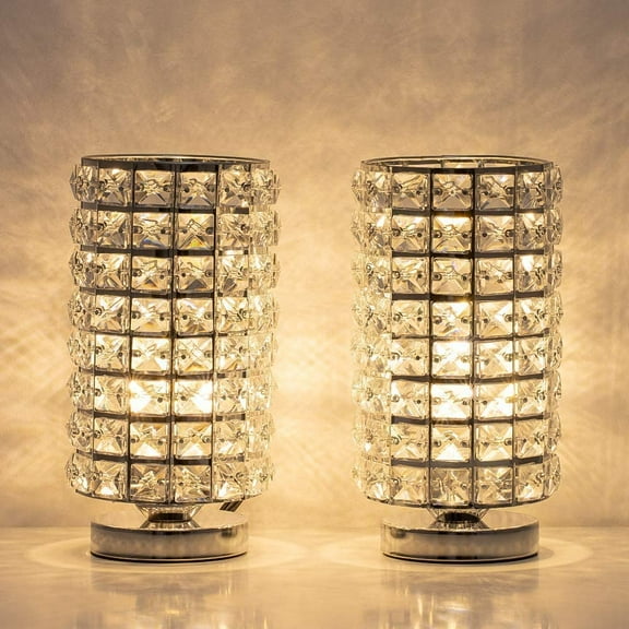 Haitral Silver Crystal Desk Lamp with Crystal Lamp Shade Set of 2