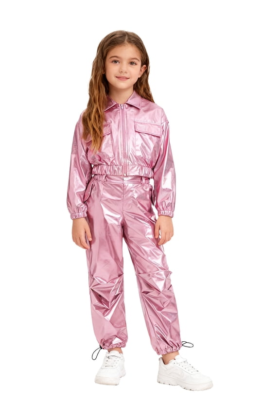2Pcs Girls Dance Outfits Jazz Hip Hop Dance Costumes Metallic Cropped Jacket Pants Set Modern Dancewear Pink 12