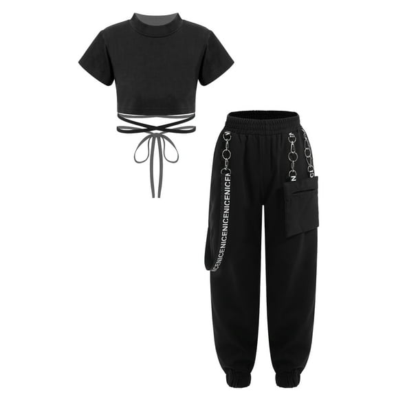 Haitryli 2pcs Girls Hip Hop Jazz Street Dance Clothes Set Short Sleeve Crop Top Jogger Chain Pants Black 130