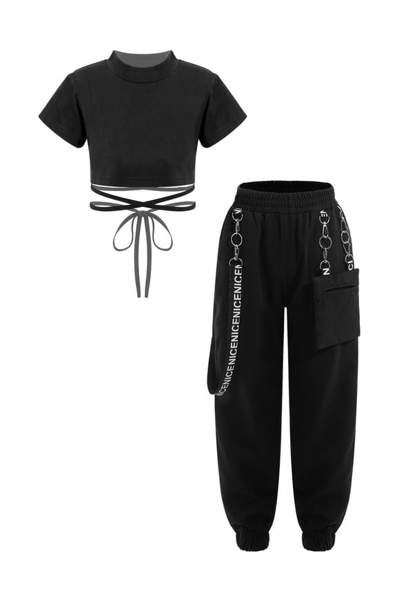 2pcs Girls Hip Hop Jazz Street Dance Clothes Set Short Sleeve Crop Top+Jogger Chain Pants Black 160