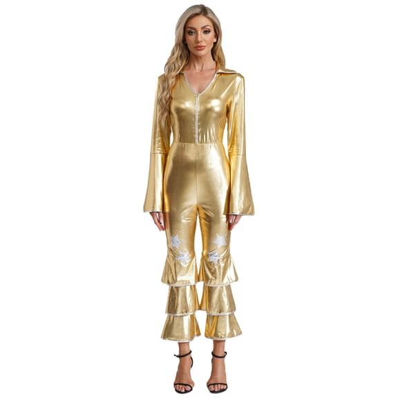 Haitryli 70s Jumpsuit for Women Disco Costume Long Flared Sleeves Front Zipper Dance Bodysuits Gold S