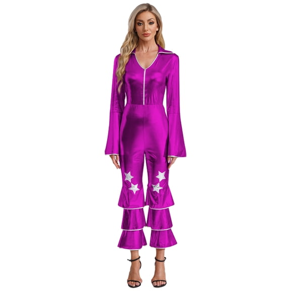 Haitryli 70s Jumpsuit for Women Disco Costume Long Flared Sleeves Front Zipper Dance Bodysuits Purple L