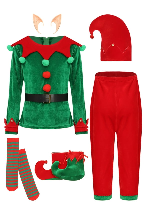 7Pcs Kids Christmas Elf Outfits Xmas Elves Party Santa Litter Helper Fancy Dress Up Set Green 140