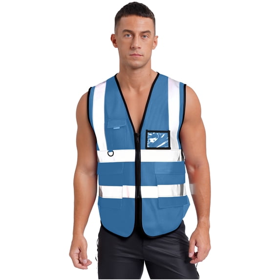 Haitryli Adult Hi Vis Reflective Safety Vest Zip Up Sleeveless Jacket with Multi-Pockets Construction Workwear Blue One Size