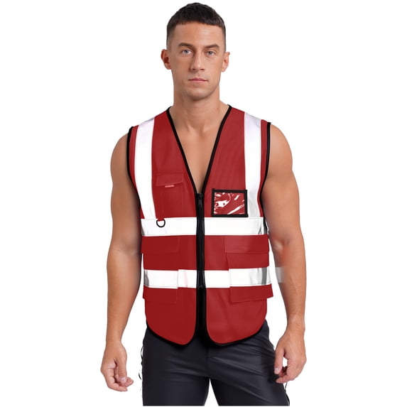 Haitryli Adult Hi Vis Reflective Safety Vest Zip Up Sleeveless Jacket with Multi-Pockets Construction Workwear Red One Size