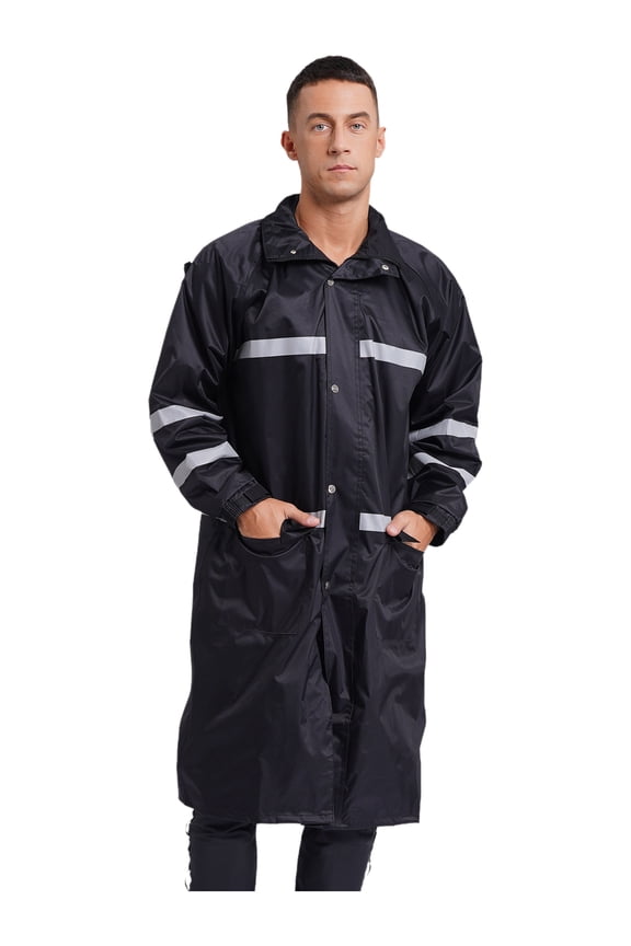 Adult Unisex Long Hooded Safety Rain Jacket Reflective Stripes Waterproof Emergency Raincoat Black M/165