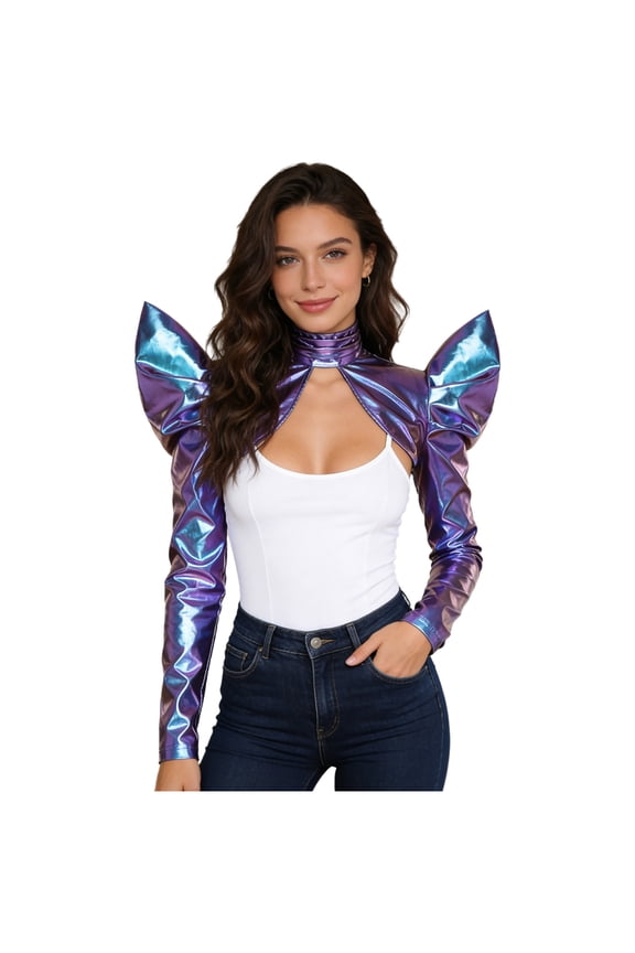 Alien Full Sleeves Shawl For Women Metallic Shiny Gothic Armor Shrug Medieval Guards Blue S