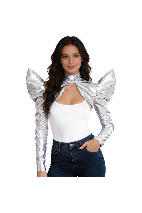 Alien Full Sleeves Shawl For Women Metallic Shiny Gothic Armor Shrug Medieval Guards Silver M