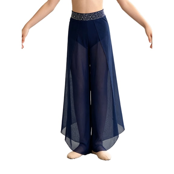 Haitryli Athletic Pants for Girls Lyrical Dance Trousers Youth Performer Performance Apparel Stage Garment Navy Blue 6