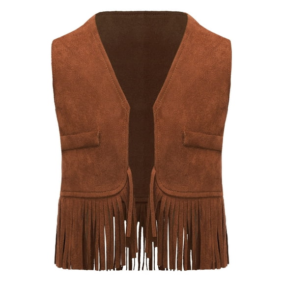 Haitryli Baby Girls Boys Suede Tassels Fringe Vest Western Cowboy Cowgirl Waistcoat Hippie Jacket Brown 6-12M