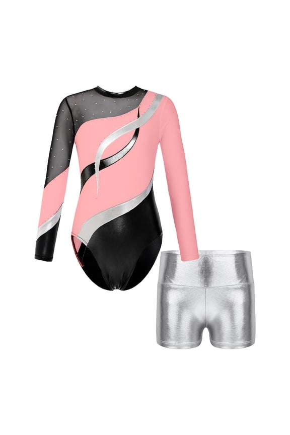 Ballet Dance Jersey Leotards for Girls Biketards Sparkly Bodysuit with Shorts Outfits Gymnastics Dancewear Pink&Silver 16