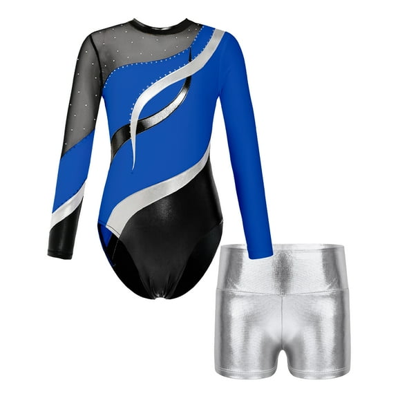 Haitryli Ballet Dance Jersey Leotards for Girls Biketards Sparkly Bodysuit with Shorts Outfits Gymnastics Dancewear Royal Blue&Silver 8