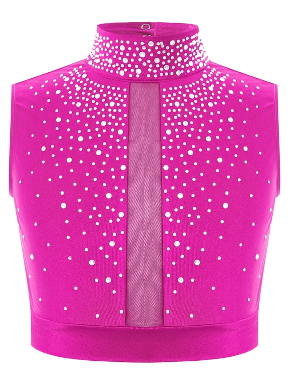 Big Girl's Fancy Party Dance Crop Tops Shiny T-Shirt Cheer Jazz Performance Vest 6-16 Years Hot Pink 10