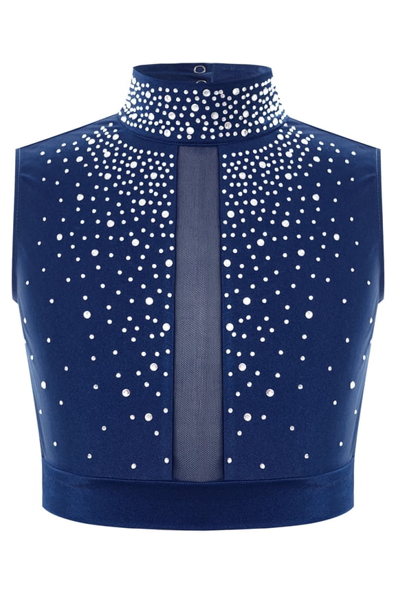 Big Girl's Fancy Party Dance Crop Tops Shiny T-Shirt Cheer Jazz Performance Vest 6-16 Years Navy Blue 8