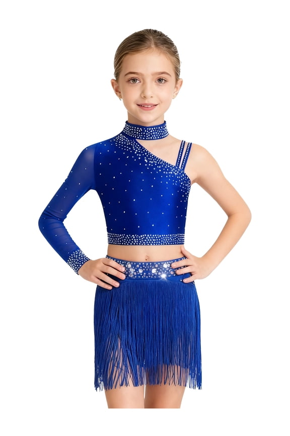 Big Girls 2 Piece Crop Top with Feather Skirts Jazz Latin Dance Ballet Gymnastics Dance Outfits Blue 16
