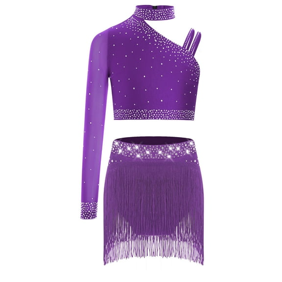 Haitryli Big Girls 2 Piece Crop Top with Feather Skirts Jazz Latin Dance Ballet Gymnastics Dance Outfits Purple 16