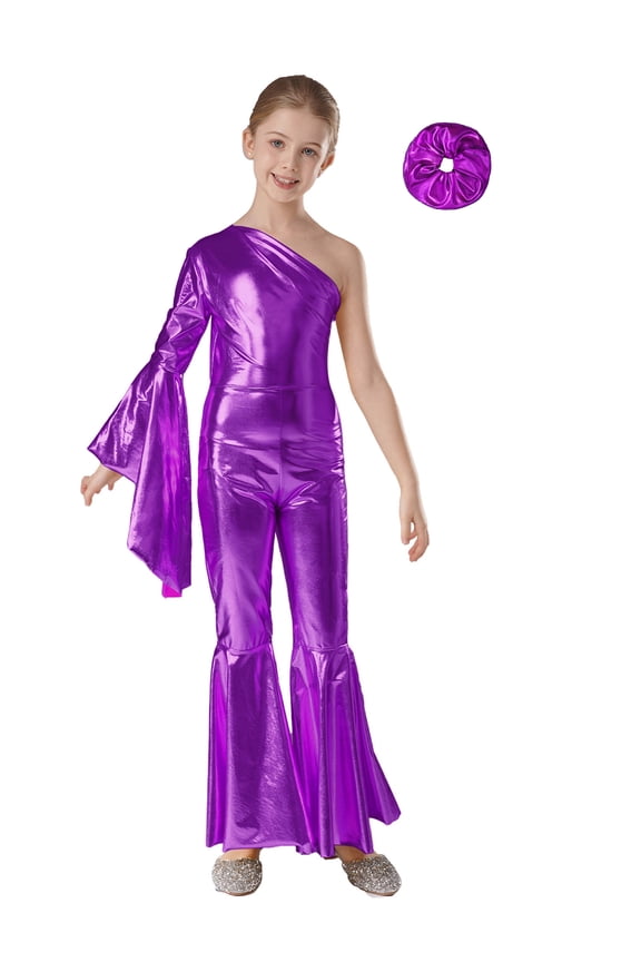 Big Girls Disco Party Romper Dress Jumpsuit Halloween Costume Flare Bell Bottom Sparkle Dance Leotards Purple 6