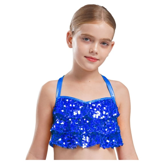 Haitryli Big Girls Jazz Dance Shirt Shiny Glittery Sequins Sleeveless Halter Crisscross Back Metallic Crop Top Blue 6