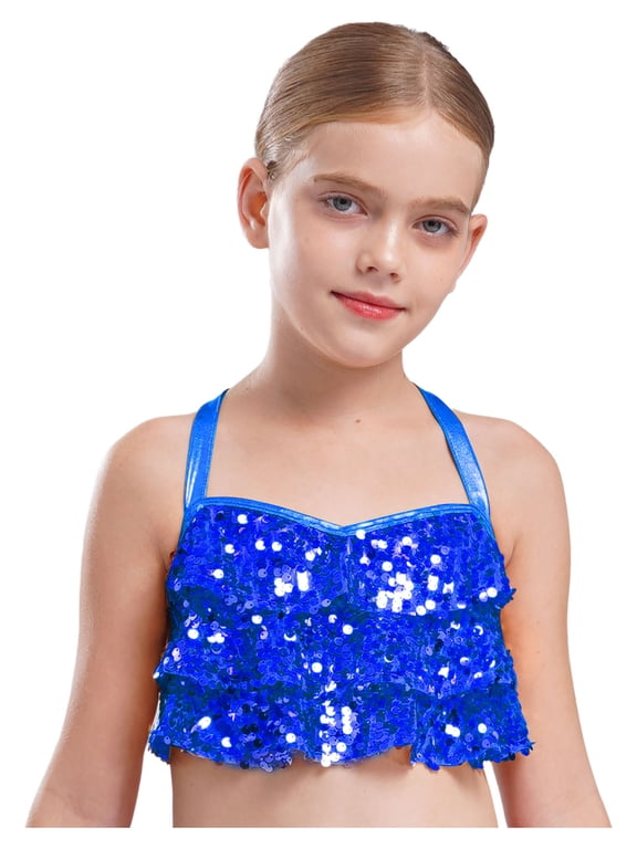 Big Girls Jazz Dance Shirt Shiny Glittery Sequins Sleeveless Halter Crisscross Back Metallic Crop Top Blue 6