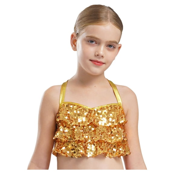 Haitryli Big Girls Jazz Dance Shirt Shiny Glittery Sequins Sleeveless Halter Crisscross Back Metallic Crop Top Gold 14