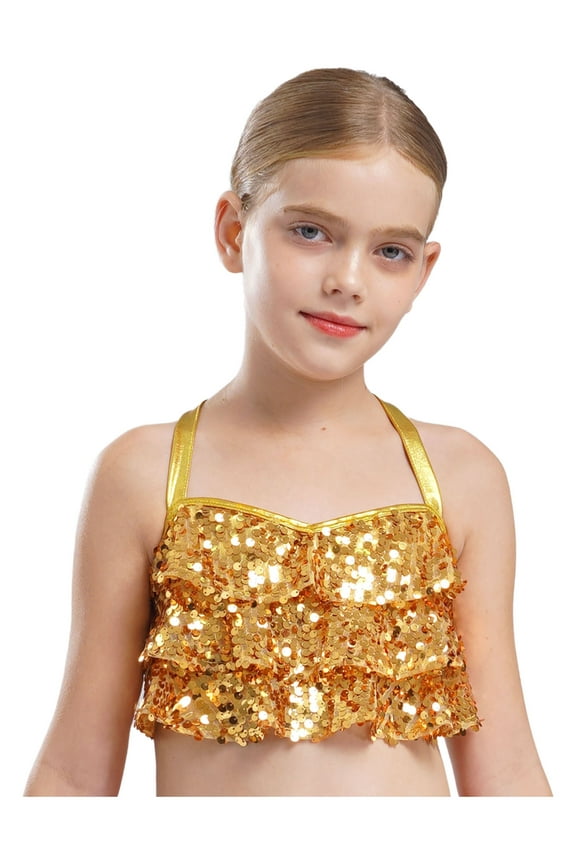 Big Girls Jazz Dance Shirt Shiny Glittery Sequins Sleeveless Halter Crisscross Back Metallic Crop Top Gold 14