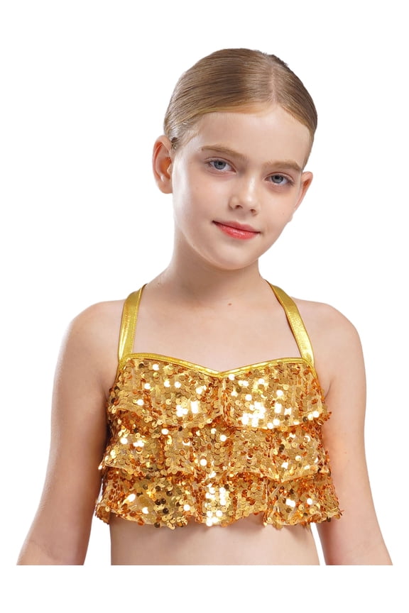 Big Girls Jazz Dance Shirt Shiny Glittery Sequins Sleeveless Halter Crisscross Back Metallic Crop Top Gold 8