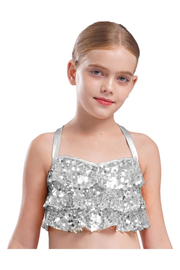 Big Girls Jazz Dance Shirt Shiny Glittery Sequins Sleeveless Halter Crisscross Back Metallic Crop Top Silver 6