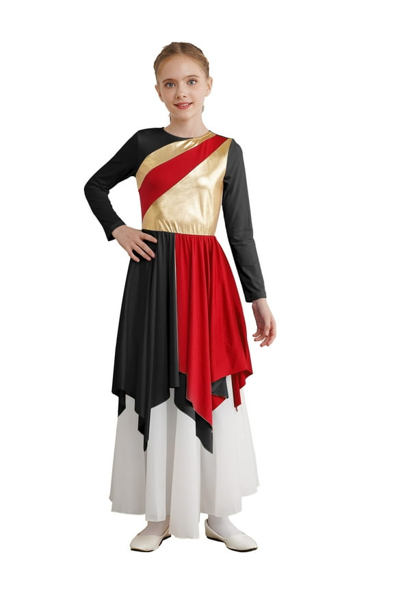 Big Girls Kids Metallic Praise Dance Dresses Full Length Color Block Worship Ballet Modern Dancewear Red 16