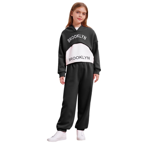 Haitryli Big Girls Long Sleeve Cropped Hoodie Sleeveless Tank Tops with Sweatpants Set 3 Piece Workout Clothes Set Black 7-8