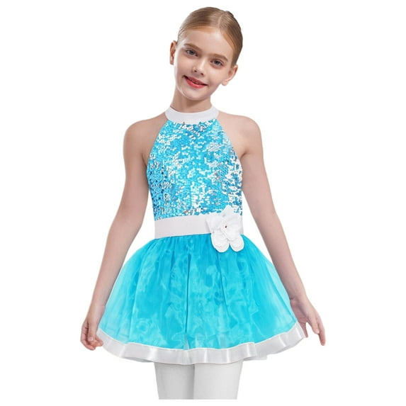Haitryli Big Girls Shiny Sequin Ballet Leotard Tutu Dress Layered Tulle Skirt Gymnastics Dance Ballerina Outfit Blue 6
